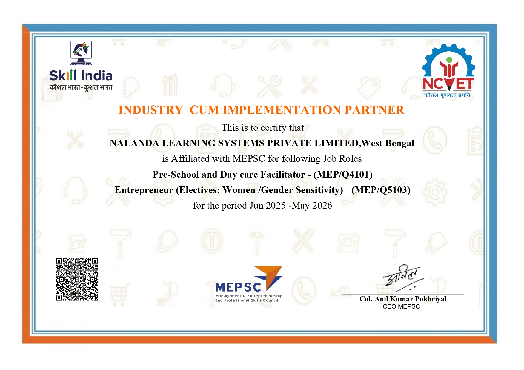 MEPSC Sample Certificate